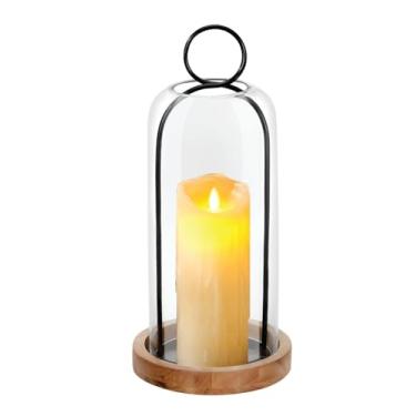 Imagem de Castiçal de metal preto versátil de 40,6 cm de altura com cúpula de vidro resistente à mão e base de madeira natural para velas e plantas, industrial, casa de fazenda, chique gasto, potes de sino