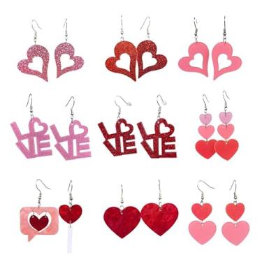 Imagem de ONLYJUMP 9 pares de brincos de coração de amor de acrílico para mulheres, rosa e vermelho, glitter, amor, joia fofa e doce do dia dos namorados, brincos pendentes de coração de pêssego simples para