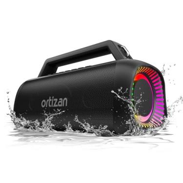 Imagem de Ortizan Alto-falante Bluetooth portátil, pico de 80 W, baixo para cima, tempo de reprodução 20H, à prova d'água IPX7, luzes RGB, emparelhamento estéreo sem fio, BT5.3, USB-C, alto-falante externo