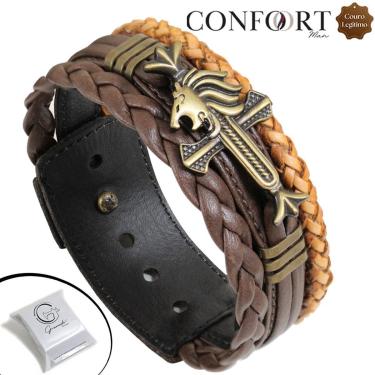 Imagem de Pulseira de Couro Marrom Ajustável Leão Trançado Ouro Velho-Unissex