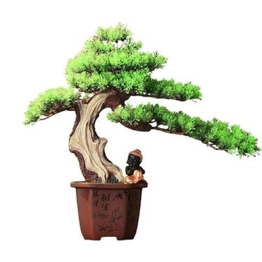Imagem de Árvore artificial estilo chinês simulação bonsai ornamentos desktop planta verde vaso interior sala de estar armário de TV decoração armário vinho decoração árvore falsa