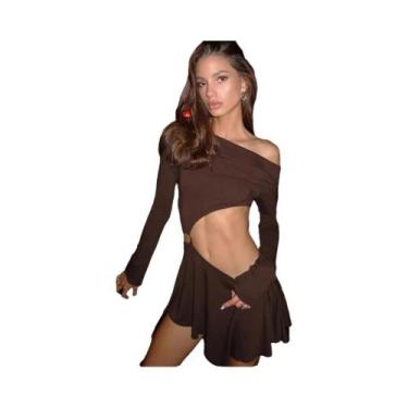 Imagem de Vestido Mini Sexy Com Decote Ombro a Ombro, Manga Longa, Gola Assimétr