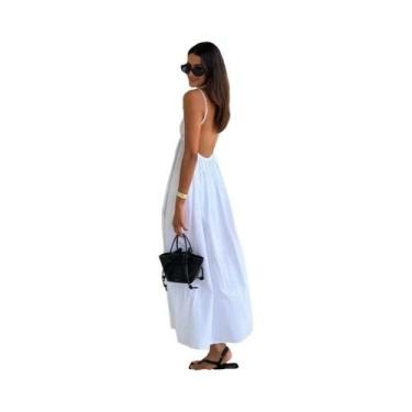 Imagem de Vestido Midi Branco Feminino Sem Costas, Decote Em V, Alças Finas, Cas