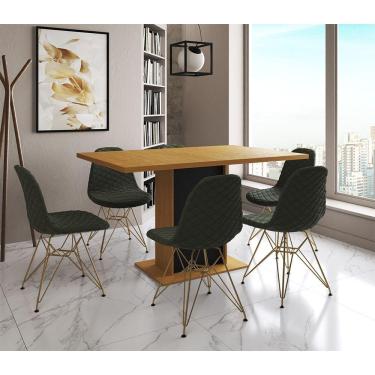Imagem de Mesa Jantar Londres Retangular Canela 137X90 Base Preta 6 Cadeiras Estofadas Verde Base Dourado