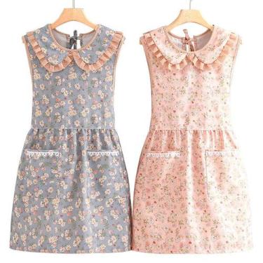 Imagem de Avental floral sem mangas para mulheres com design de gola de boneca -