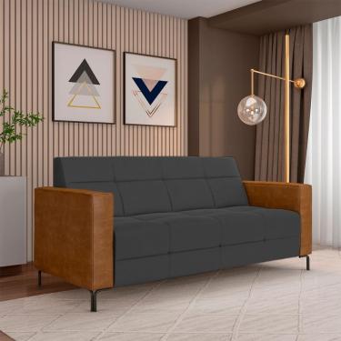 Imagem de Sofá Living Decorativo Houston 2 Lugares 200cm Pés em Metal Veludo/ PU Grafite/ Caramelo G33 - Gran Belo