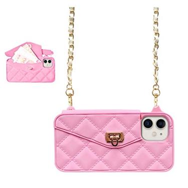 Imagem de UnnFiko Capa carteira compatível com iPhone Mini, design de bolsa luxuosa leve e fofa, capa flip para cartão, capa de silicone macio com alça de ombro longa (rosa, iPhone 12 Mini)