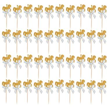 Imagem de LUOZZY 40 peças de topo de cupcake de cavalo carrossel - decoração de bolo de cavalo com glitter palhetas de bolo de animais para meninas decoração de festa de aniversário de chá de bebê, dourado