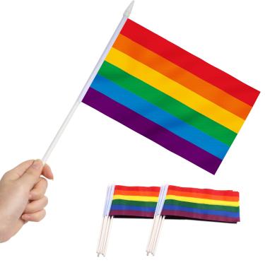 Imagem de Arco-íris Gay Pride Stick Flag, ANLEY 5x5 polegadas HandHeld Mini Flag Com 12 "Pólo Sólido Branco - Cor vívida e resistente ao desbotamento - LGBT Bandeiras manuais de 5 x 8 polegadas