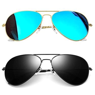 Imagem de Óculos de Sol Masculino e Feminino Polarizado Joopin Clássico Oval Estilo Militar Óculos de sol de Metal Armação para homens e mulheres UV400 Proteção (2 Pacote Grande (Azul+Preto, Grande 62)