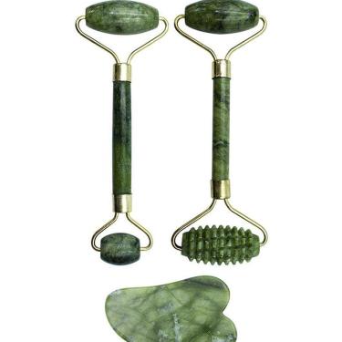 Imagem de Kit 2 Rolo Massageador Facial Pedra De Jade + Placa Gua Sha