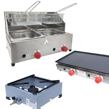 Imagem de Kit Lanchonete Fogão Portátil 1 Boca + Chapa 60cm e Fritadeira 2 Cubas 5 Litros Alcamar