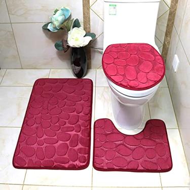 Imagem de Conjunto de 3 tapetes de banho macios antiderrapantes 2 peças tapete de paralelepípedos tapete de banheiro absorvente tapetes de banho tampa de vaso sanitário piso, vinho tinto, 3 peças