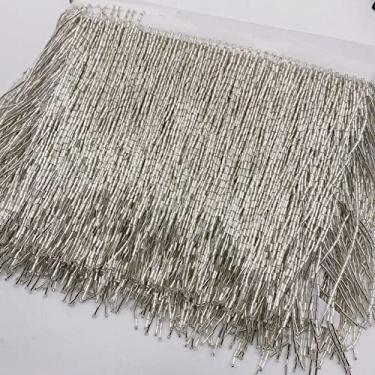 Imagem de 5 jardas 15 cm (6 polegadas) de vidro pesado cor dourada semente com contas de franja lâmpada de guarnição de artesanato, prata A