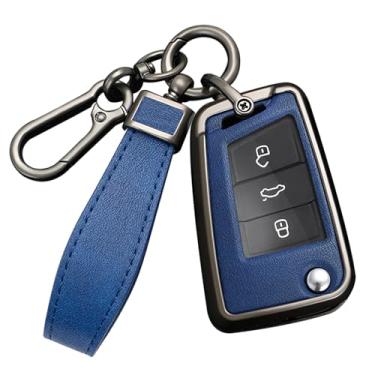 Imagem de HIBEYO Capa de Chave para VW Golf 7, Volkswagen Polo, Tiguan MK7, Sagitar, T-ROC, Lavida - Acessório com Chaveiros Liga PU, Couro Protetor - Preto, Azul