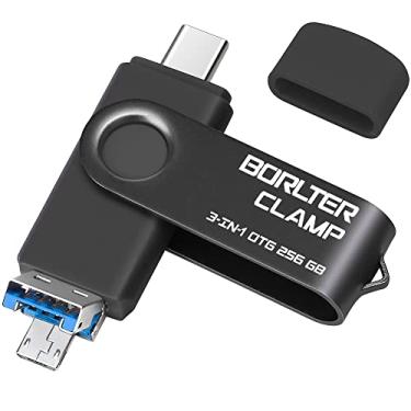 Imagem de Pen Drive USB 3.0 de 256 GB 3 em 1 para telefones Android, cartão de memória OTG BorlterClamp com 3 portas USB (USB C, microUSB, USB A) para Samsung Galaxy, LG, tablets, PC e mais, preto