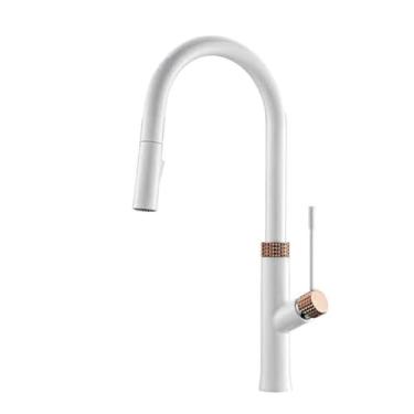 Imagem de Torneira de banheiro de latão luz luxo design simples alça única fria e quente controle duplo pull-out torneira de pia de duas funções, branca