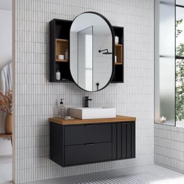 Imagem de Conjunto para Banheiro Completo Montado 100% Mdf com Gabinete e Armário Espelheira Bianca 90cm Preto