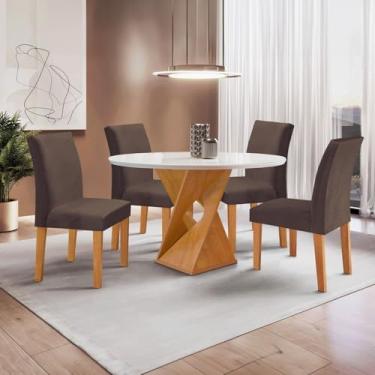 Imagem de Conjunto Mesa Barcelona 100cmx100cm 4 Cadeiras Espanha Tampo Slim Plus Redondo Vidro Yescasa Cinamomo/Off White/Marrom
