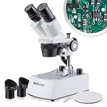 Imagem de AmScope SE306R-PZ-LED Forward-Mounted Binocular Stereo Microscope WF10x and WF20x Eyepieces 20X/40X/80X Magnification 2X and 4X Objectives Upper and Lower LED Lighting Reversible Black/White Stage Plate Pillar Stand 120V or Battery-Powered