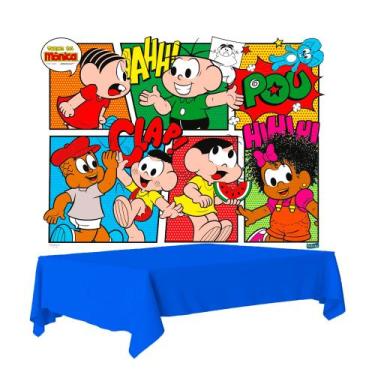 Imagem de Kit festa Turma da monica Decoração Painel TNT + Toalha Azul - Festcol
