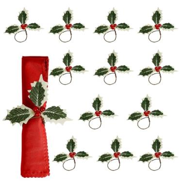 Imagem de LogHog Conjunto de 12 Anéis de Guardanapo de Folhas de Azevinho de Natal, Porta-Guardanapos Rústico Feito À Mão de Fazenda com Folhas de Azevinho e Frutas Vermelhas para O Festival (, Verde)