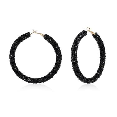 Imagem de RareLove Brincos de argola pretos leves para mulheres 64 mm banhado a liga grande argola preta bijuteria, fibra sintética, Sem pedra preciosa