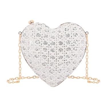 Imagem de Naimo Bolsa feminina de coração com strass para noite bolsa de ombro com corrente mini bolsa clutch casamento coquetel festa bolsa, Prata
