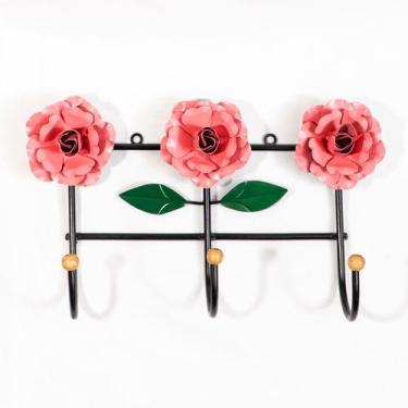 Imagem de Cabideiro de Parede Suporte Artesanal 3 Ganchos Flor Rosa - Full Econo