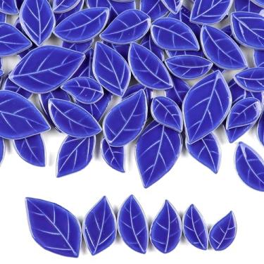 Imagem de ZWCT Azulejos de mosaico de cerâmica de folhas coloridas de 200 g, azulejos de mosaico de folhas criativas DIY, copo de vaso de prato feito à mão, suprimentos de artesanato em mosaico - azul safira