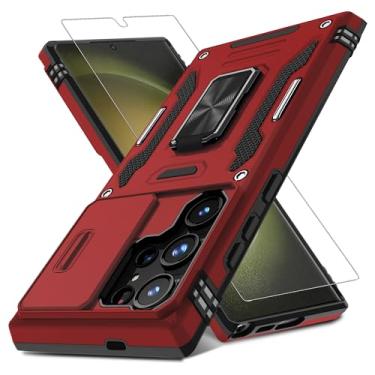 Imagem de DEERLAMN Capa para Samsung Galaxy S24 Ultra com capa de câmera deslizante + protetor de tela (1 unidade), suporte de anel giratório capa protetora à prova de choque de grau militar - vermelha