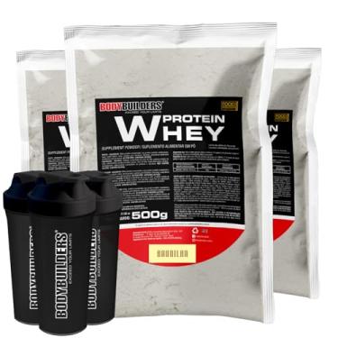 Imagem de Kit 3x Whey Protein Baunilha, Chocolate e Morango 500g + 3x Coqueteleiras - Bodybuilders