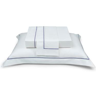 Imagem de Plumasul Jogo de Cama Premium Essential Blue 100% Algodão Percal 200 Fios Solteiro 3 peças Cor Branco Festone Azul