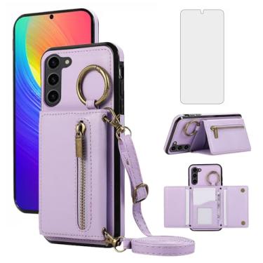 Imagem de Capa carteira compatível com Samsung Galaxy S23 Plus S23+ 5G com protetor de tela e alça de ombro transversal com suporte de cartão para celular S23plus 23S + S 23 23+ SM-S916U 16.8 cm feminina roxa