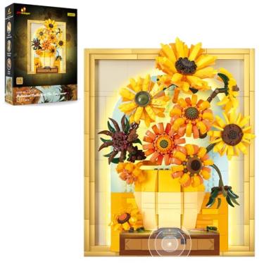 Imagem de JMBricklayer Flowers Sunflower Building Sets for Adult with Lights 70004, Van Gogh Wall Art Crafts Ideas Flower Bouquet, Painting Frame Room Decor, Valentine’s Day Birthday Gifts for Women Girl