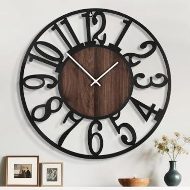 Imagem de Mee 2ou Relógio de parede extra grande de 76 cm, relógio decorativo silencioso de metal rústico com face de madeira, relógios de parede grandes modernos operados por bateria para sala de estar, quarto