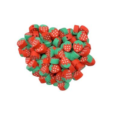 Imagem de 100 peças de contas espaçadoras de argila em forma de fruta de 10 mm, para joias DIY, pulseira, brinco, colar, suprimentos para fabricação de artesanato (morango)