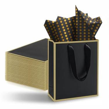 Imagem de Yampahpa Pacote com 24 sacos de presente com alça e papel de seda, sacos de lembrancinha para chá de panela, casamento, aniversário, formatura, chá de bebê, ouro preto