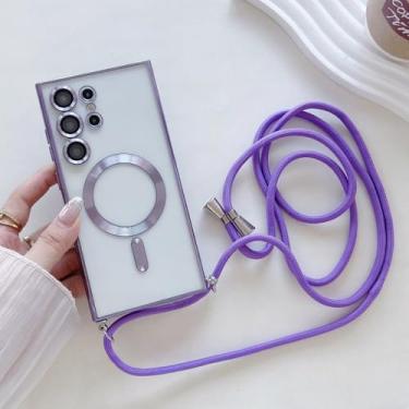 Imagem de Capa transparente com cordão para Samsung S24 S23 S22 S21 Ultra Plus, capa magnética com cordão para carregamento sem fio, roxa clara, para S23ULTRA