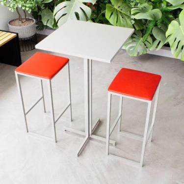 Imagem de Conjunto Mesa Alta Bar Bistrô Quadrada Branca 2 Bancos Estofado Indust