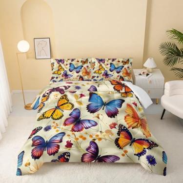 Imagem de QOOMO Jogo de cama solteiro com estampa de flores fofas de borboleta, para decoração de quarto de meninos, meninas e adolescentes, macio e leve para todas as estações, 1 edredom e 2 fronhas