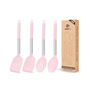 Imagem de Pacote de 4 conjuntos de utensílios de cozinha de silicone, espátulas grandes sólidas antiaderentes, colheres azuis com fenda resistentes ao calor, espátulas de cozinha ideais sem BPA para fritar, misturar, servir, drenar, girar, mexer