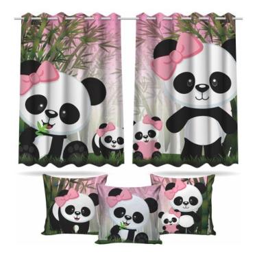 Imagem de Kit Cortina + 3 Capas Almofadas Infantil Panda Rosa - Decorando e Grud