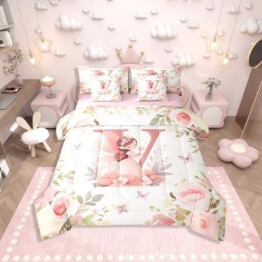 Imagem de Erosebridal Jogo de cama casal fofo com letra V com letra V, 7 peças, conjunto de cama kawaii, princesa, fada, fofo, para crianças, meninas, mulheres, rosa e borboleta, conjunto de cama