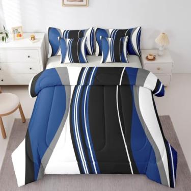 Imagem de Erosebridal Conjunto de cama king azul e preto, abstrato, 7 peças, para adultos, mulheres, homens, cinza, listrado, geométrico, linhas geométricas, arte contemporânea, boêmio, coleções