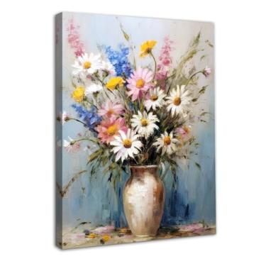 Imagem de Dazzlewall Quadro de Arte de Parede Floral Daisy Vintage, Pintura A Óleo de Vaso de Flor Colorido, Impressões de Arte de Parede para Decoração de Quarto Banheiro Sala de Estar 12x16 polegada