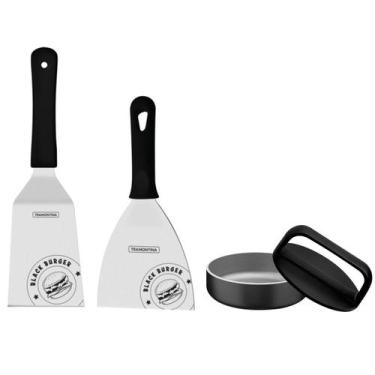 Imagem de Kit Espátula P/ Chapa Inox Reta E Curva Com Prensador Hambúrguer Black