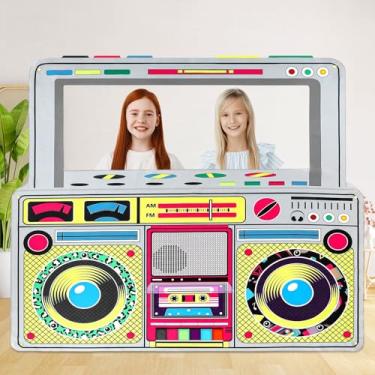 Imagem de Adereços de cabine de fotos de rádio para decorações de festa dos anos 90, decoração de festa temática retrô dos anos 80, faixa suspensa colorida dos anos 90, cenário dos anos 90 para festas de hip