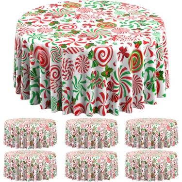 Imagem de 6 peças de decoração de toalha de mesa de festa de Natal, enfeite de plástico vermelho verde para mesa de bengala doce, toalha de mesa redonda de hortelã-pimenta redemoinho para artigos de festa de