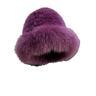 Imagem de Chapéu feminino de palha de pele fofa quente de inverno chapéu de pescador de pelúcia macia chapéu de proteção de orelha uva roxo tamanho único